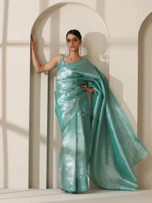 Maldives Blue Banarasi Tissue Saree with Crushed Pallu and Blouse Fabric