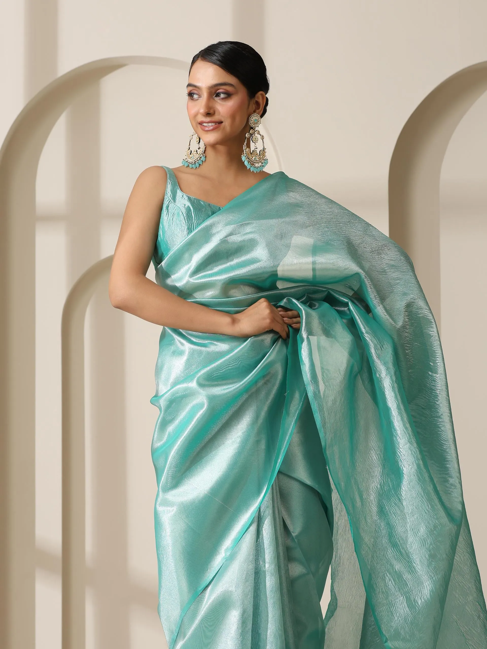 Maldives Blue Banarasi Tissue Saree with Crushed Pallu and Blouse Fabric