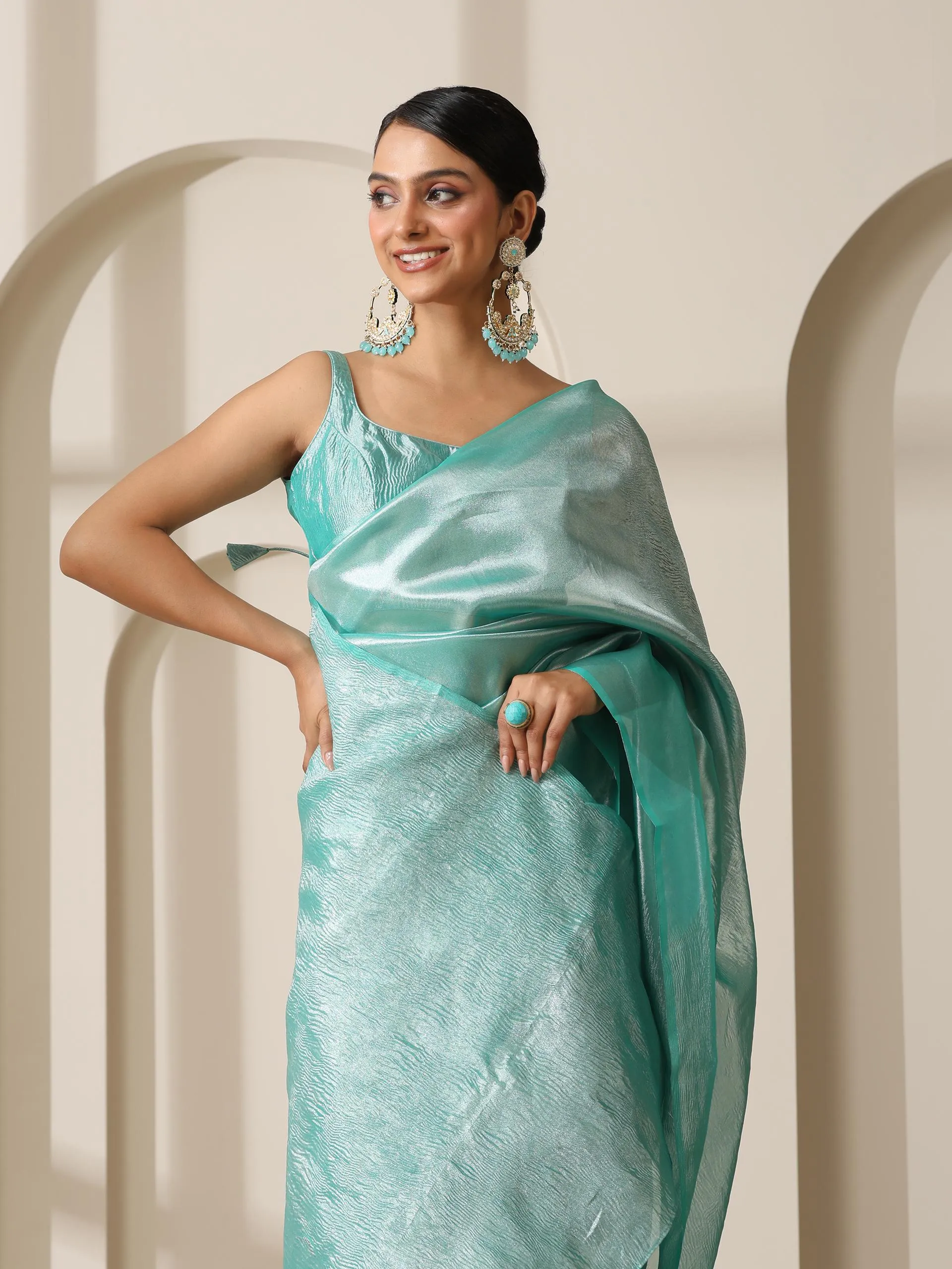Maldives Blue Banarasi Tissue Saree with Crushed Pallu and Blouse Fabric