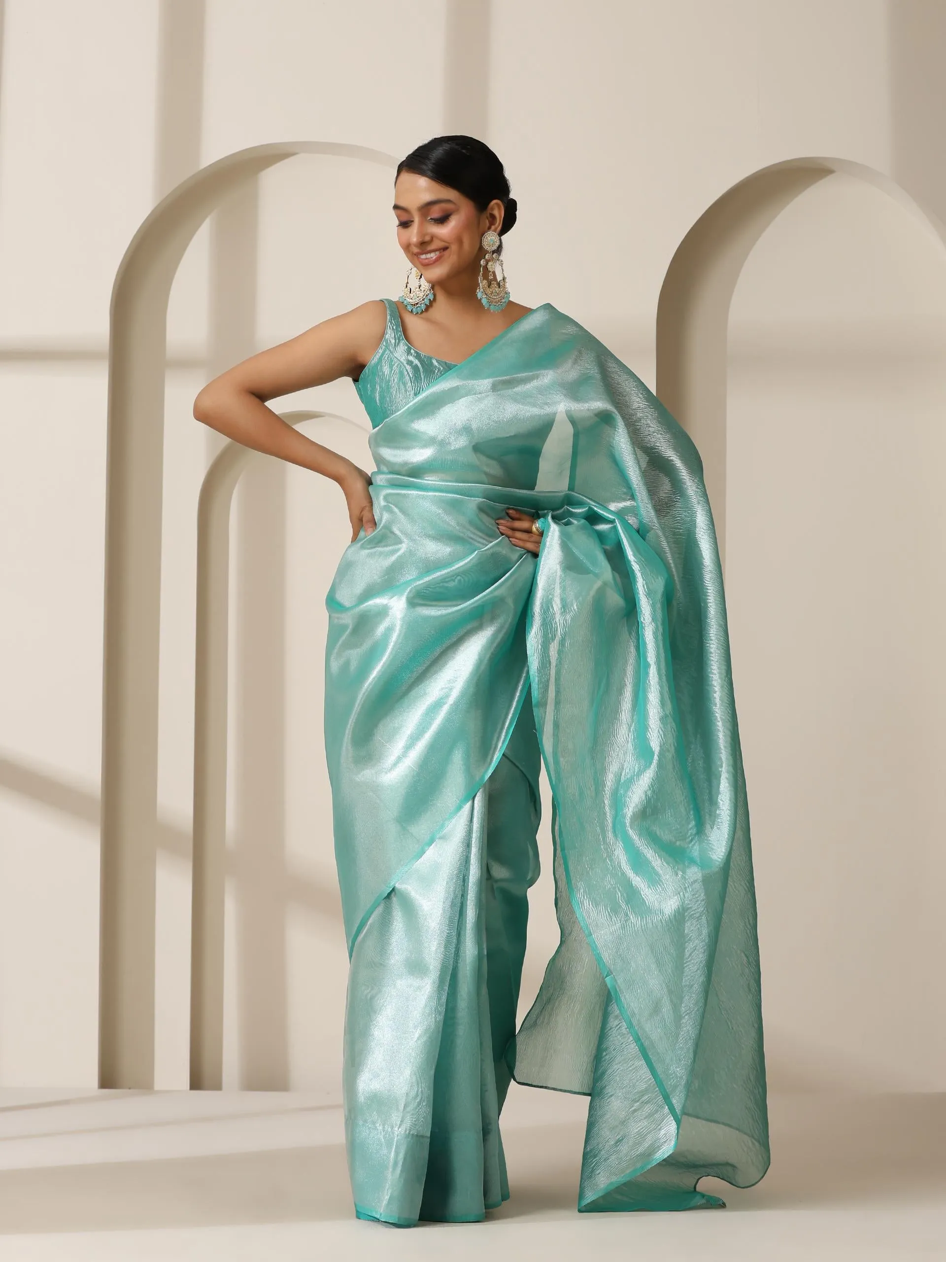 Maldives Blue Banarasi Tissue Saree with Crushed Pallu and Blouse Fabric