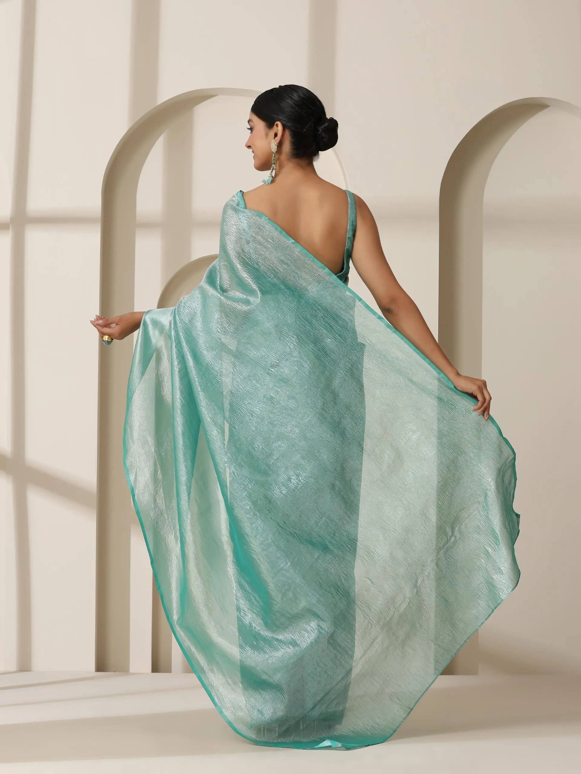 Maldives Blue Banarasi Tissue Saree with Crushed Pallu and Blouse Fabric