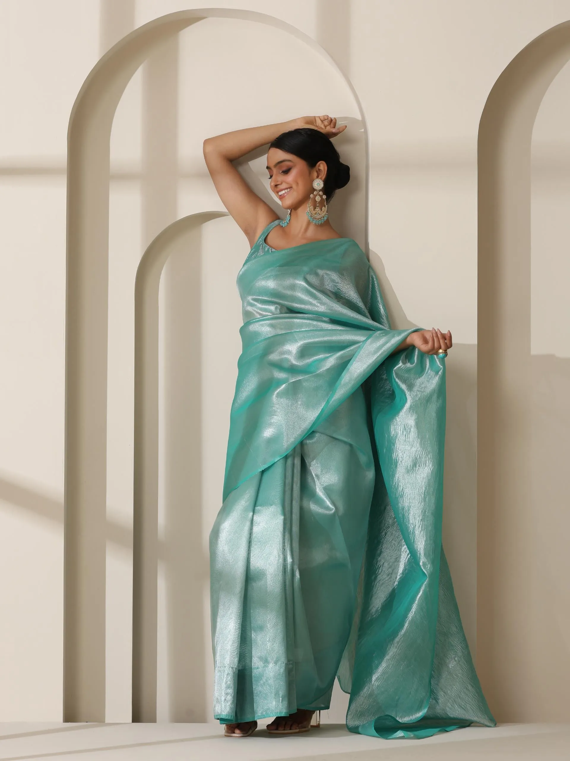 Maldives Blue Banarasi Tissue Saree with Crushed Pallu and Blouse Fabric