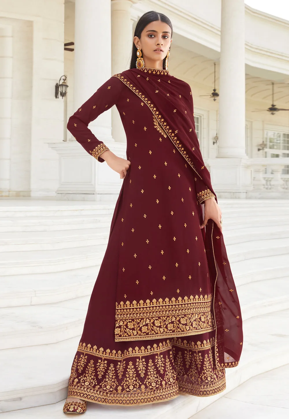 Maroon Embroidered Designer Palazzo Suit