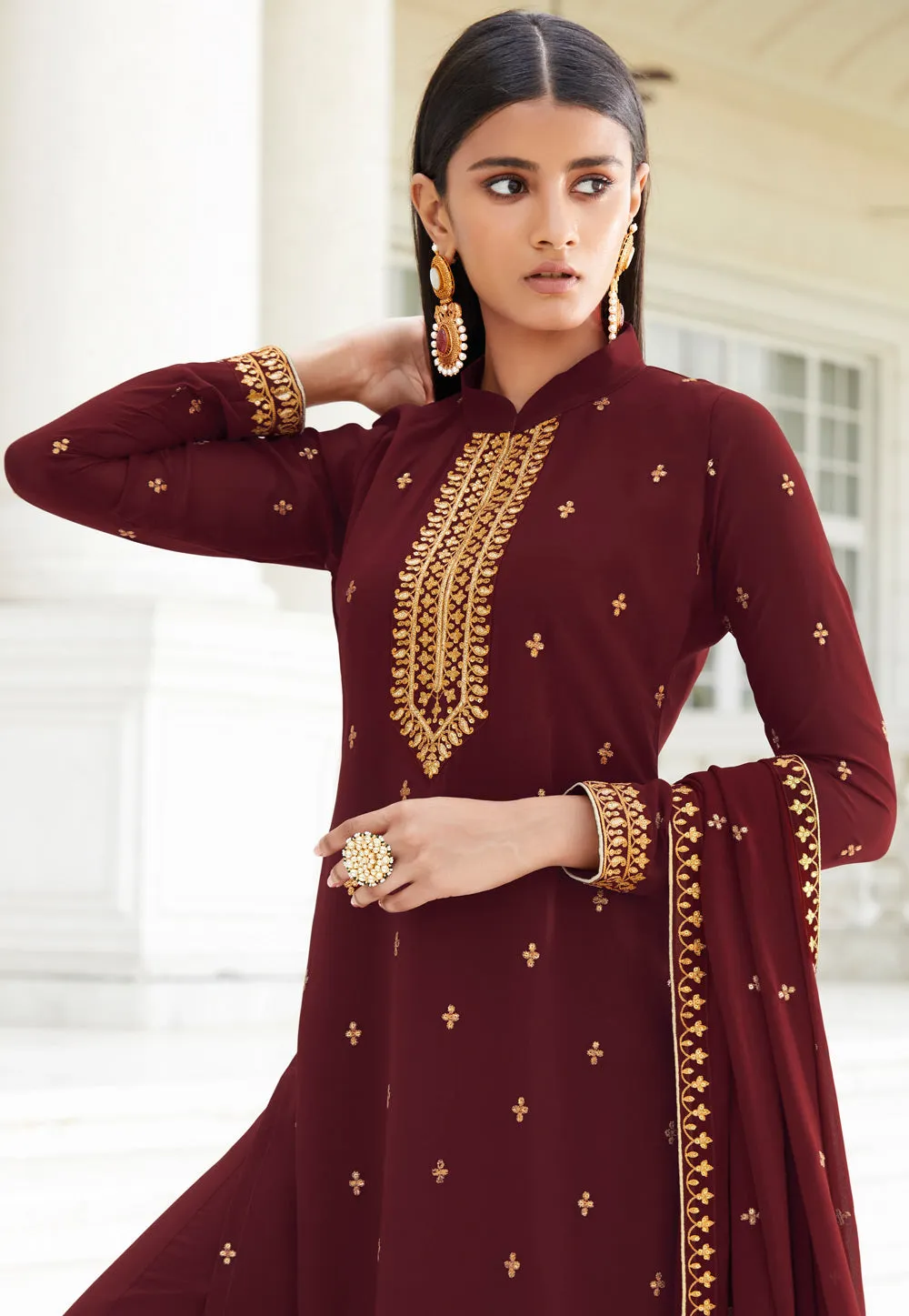 Maroon Embroidered Designer Palazzo Suit