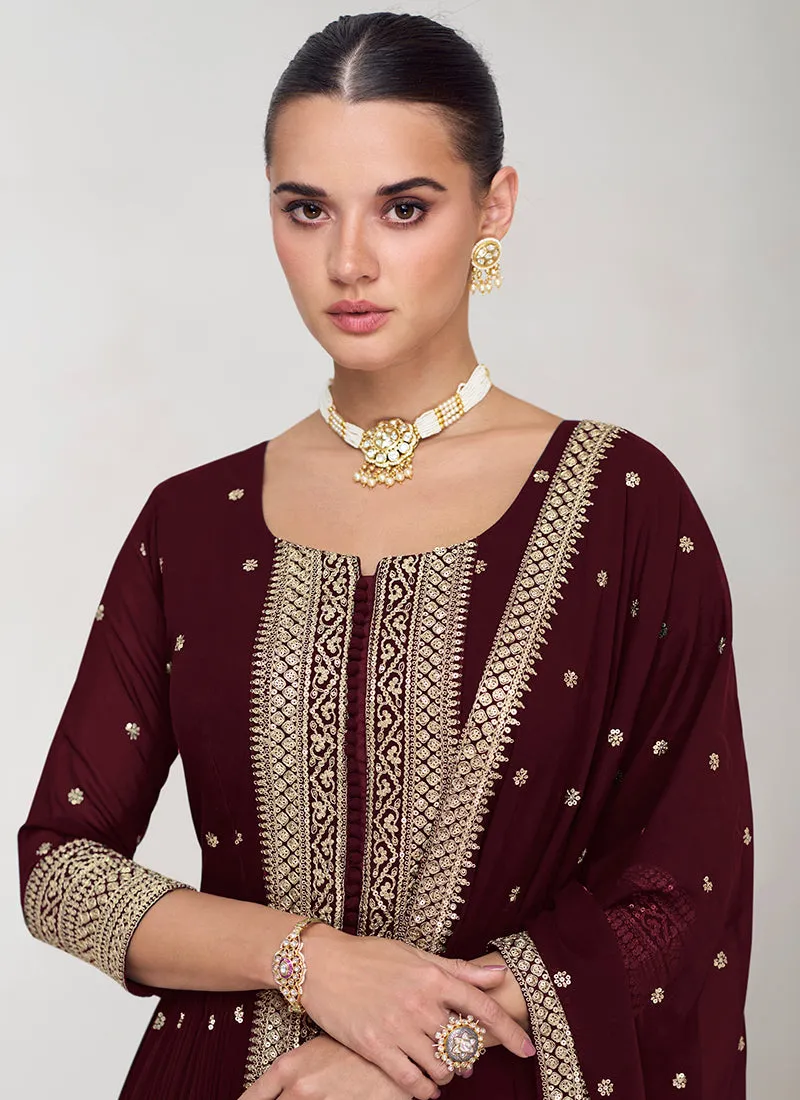 Maroon Embroidery Traditional Palazzo Suit