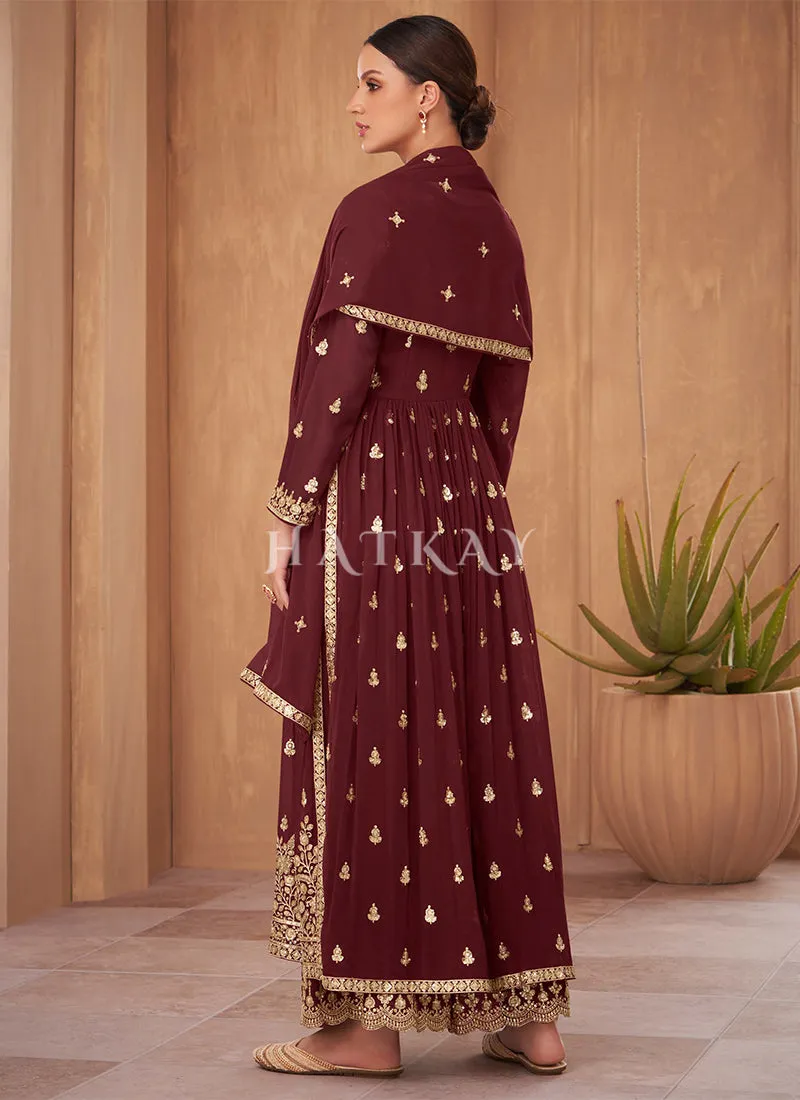 Maroon Georgette Embroidered Wedding Palazzo Suit