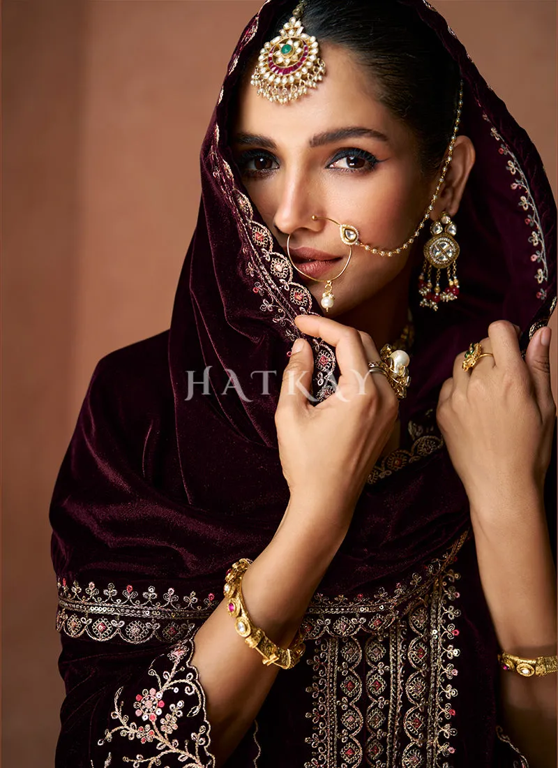 Maroon Slit Style Velvet Anarkali Lehenga