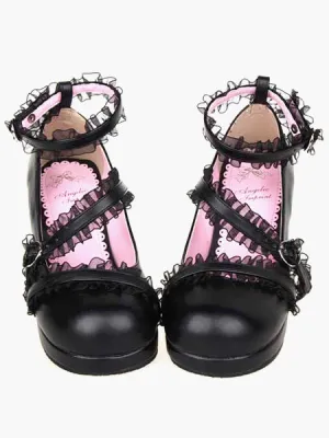 Matte Black Lolita Chunky Heels Shoes Lace Trim Ankle Straps Buckles
