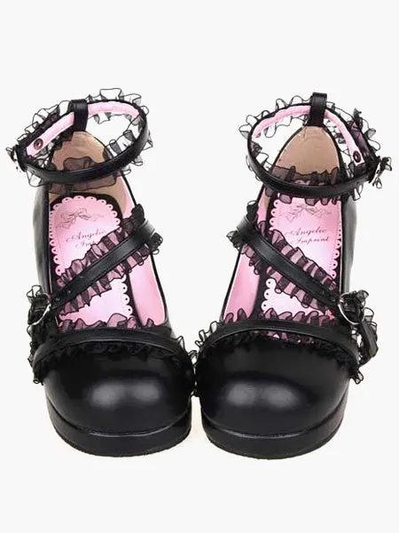 Matte Black Lolita Chunky Heels Shoes Lace Trim Ankle Straps Buckles