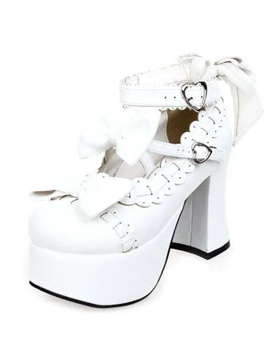 Matte White Lolita Chunky Heels Shoes Platform Shoes Ankle Straps Bows Decor Buckles