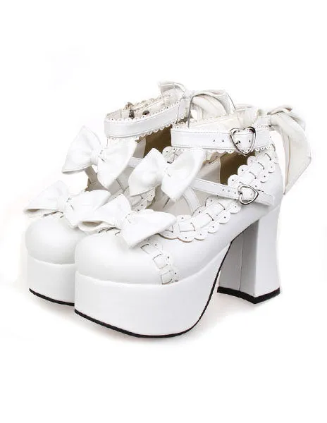 Matte White Lolita Chunky Heels Shoes Platform Shoes Ankle Straps Bows Decor Buckles