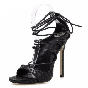 Mature PU Solid Sandals Women Lace-Up Thin High Heel Cover Heel Round Toe Wedding Daily Party Black Red Size 35-40