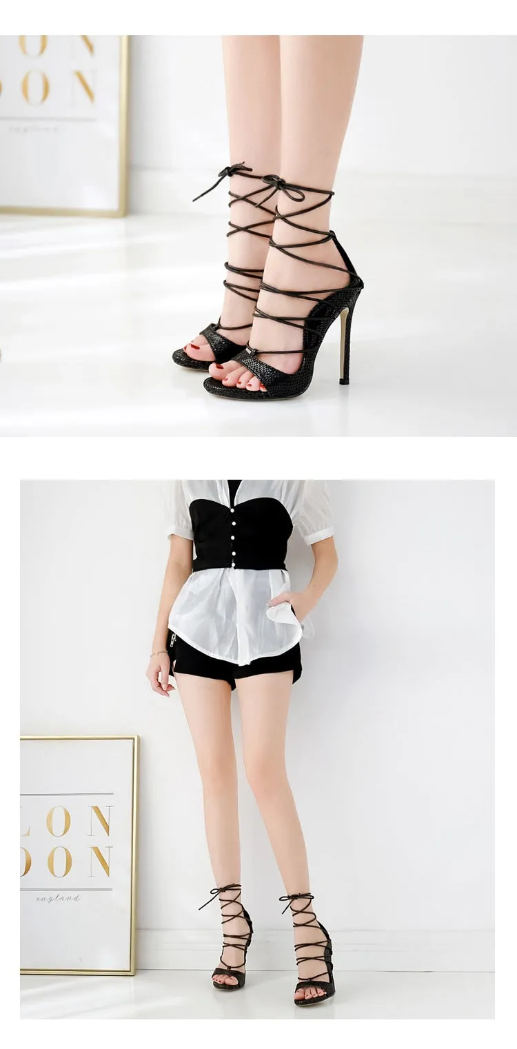 Mature PU Solid Sandals Women Lace-Up Thin High Heel Cover Heel Round Toe Wedding Daily Party Black Red Size 35-40
