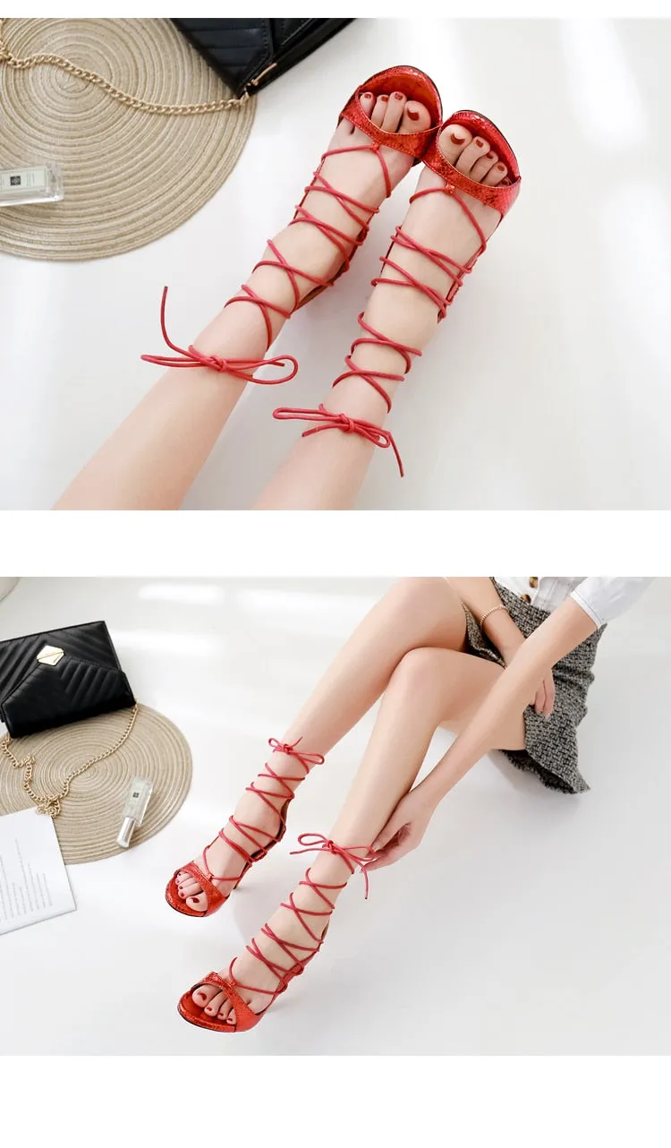 Mature PU Solid Sandals Women Lace-Up Thin High Heel Cover Heel Round Toe Wedding Daily Party Black Red Size 35-40