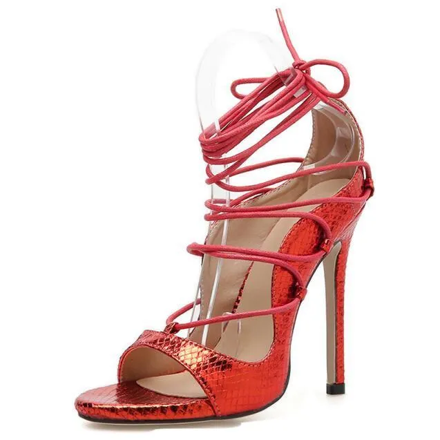 Mature PU Solid Sandals Women Lace-Up Thin High Heel Cover Heel Round Toe Wedding Daily Party Black Red Size 35-40