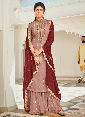 Mauve And Maroon Embroidered Gharara Style Suit