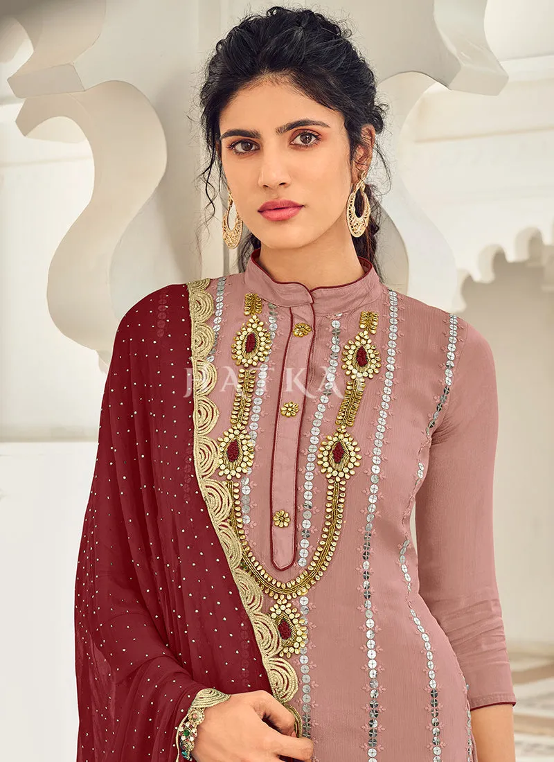 Mauve And Maroon Embroidered Gharara Style Suit