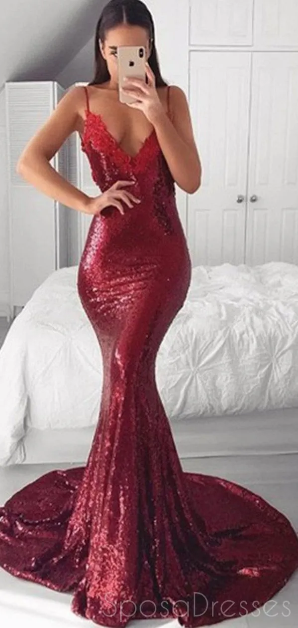 Mermaid V Neck Spaghetti Straps Long Prom Dresses, Sweet 16 Prom Dresses, 12425
