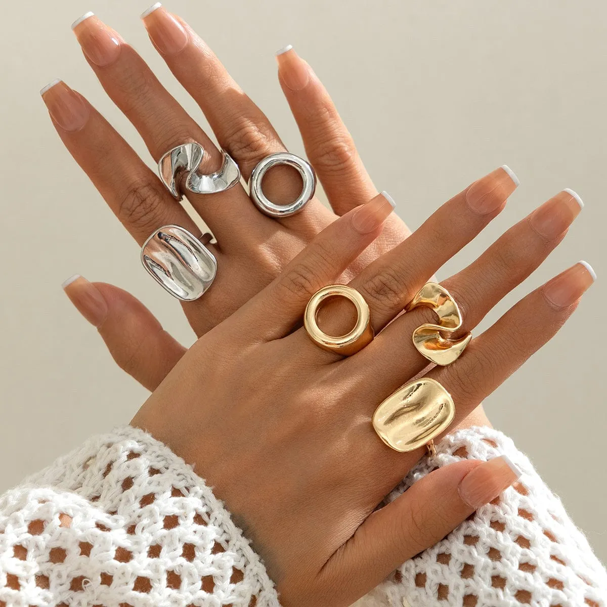 Minimalist 3pcs Hollow Pleated Square Open Ring Set