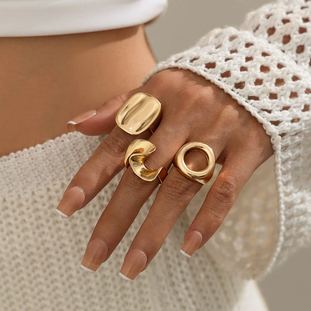 Minimalist 3pcs Hollow Pleated Square Open Ring Set