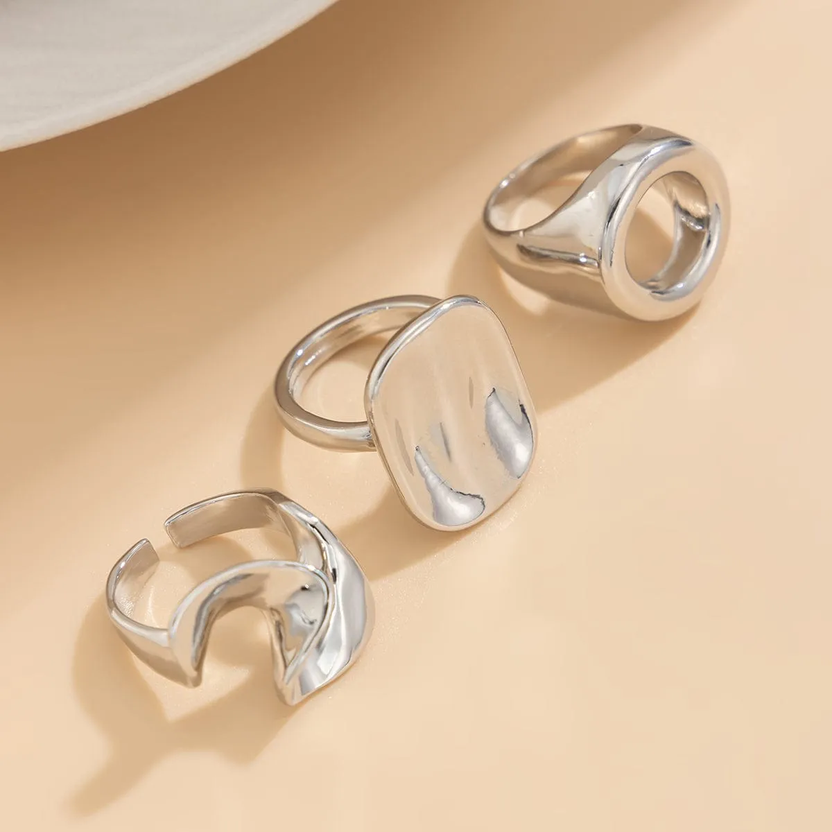 Minimalist 3pcs Hollow Pleated Square Open Ring Set