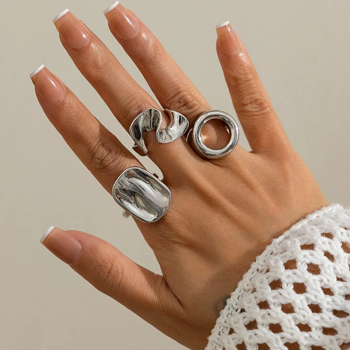 Minimalist 3pcs Hollow Pleated Square Open Ring Set