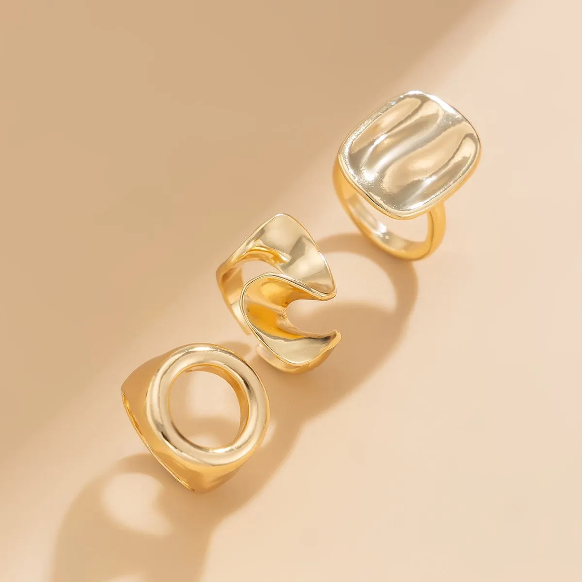 Minimalist 3pcs Hollow Pleated Square Open Ring Set