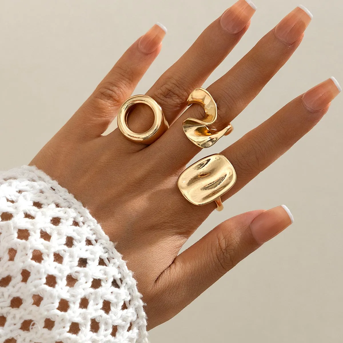 Minimalist 3pcs Hollow Pleated Square Open Ring Set