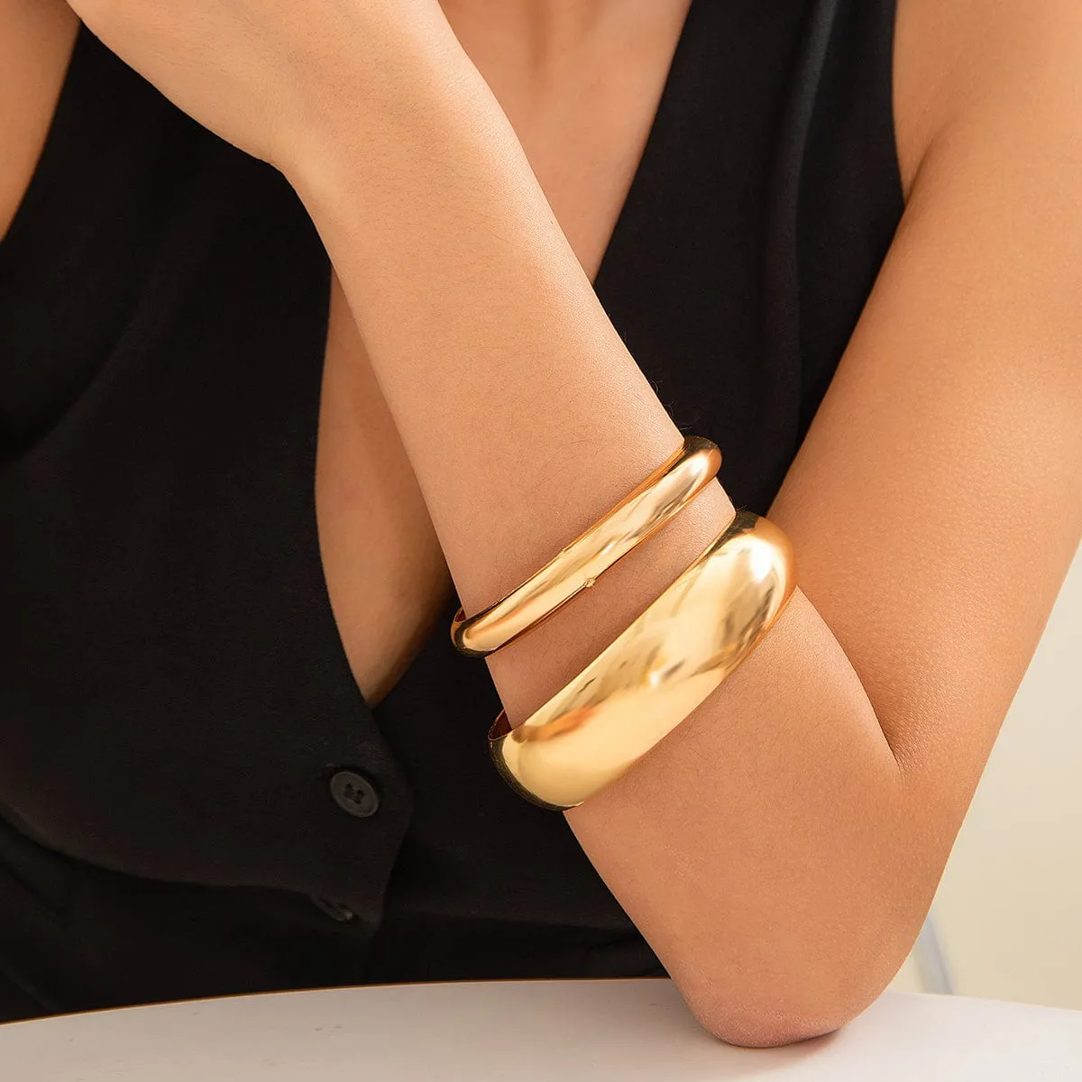 Minimalist Chunky 2Pcs Gold Silver Plated Bangle Bracelet Set
