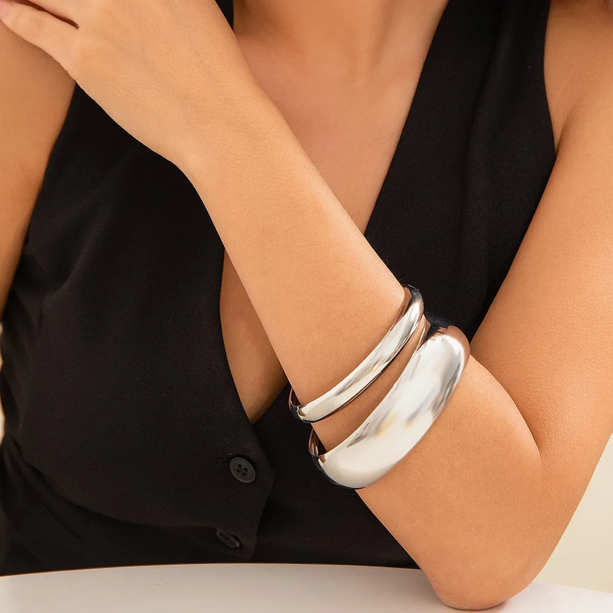 Minimalist Chunky 2Pcs Gold Silver Plated Bangle Bracelet Set