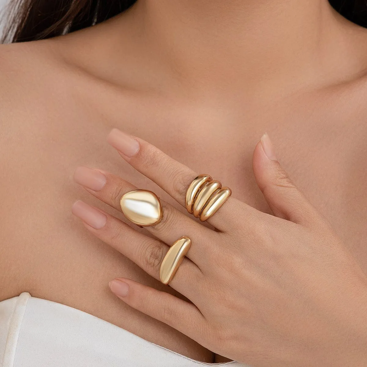 Minimalist Chunky Gold Silver Plated Glossy Open Ring Set