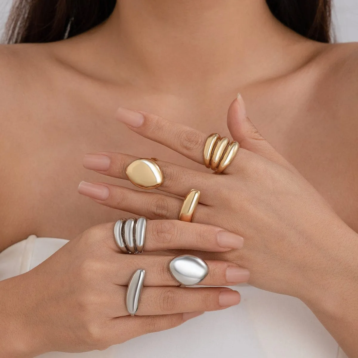 Minimalist Chunky Gold Silver Plated Glossy Open Ring Set
