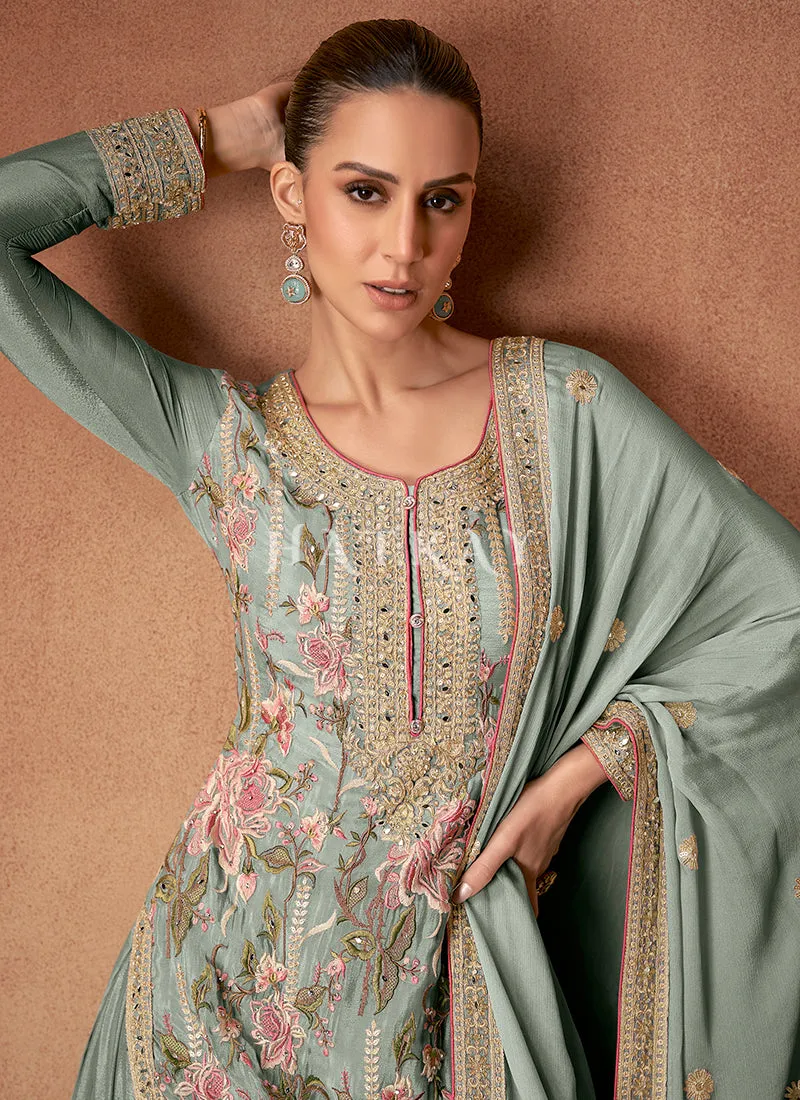 Mint Green Floral Embroidery Festive Palazzo Suit