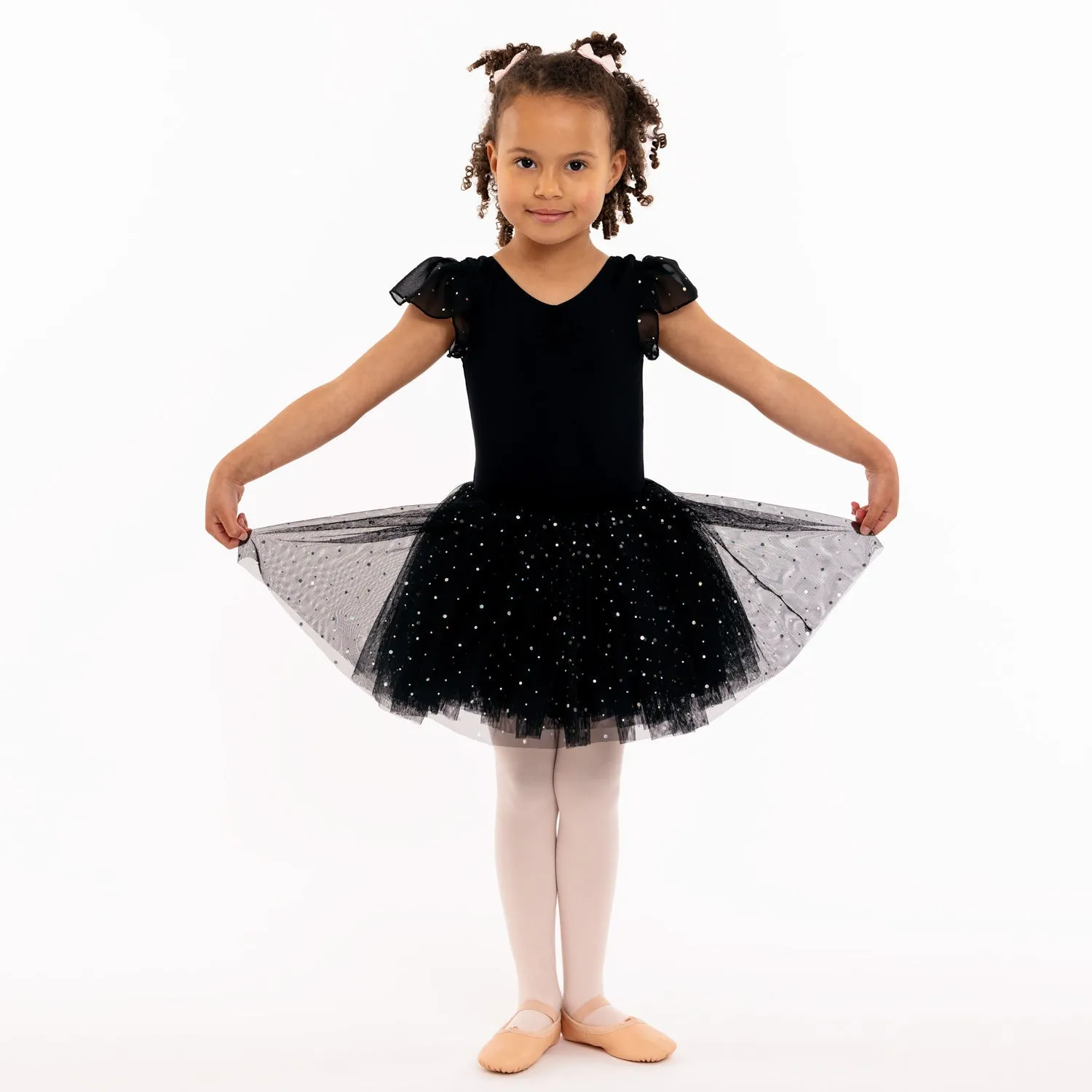 Misty: Sequin Flutter Sleeve Tutu Dress in Black