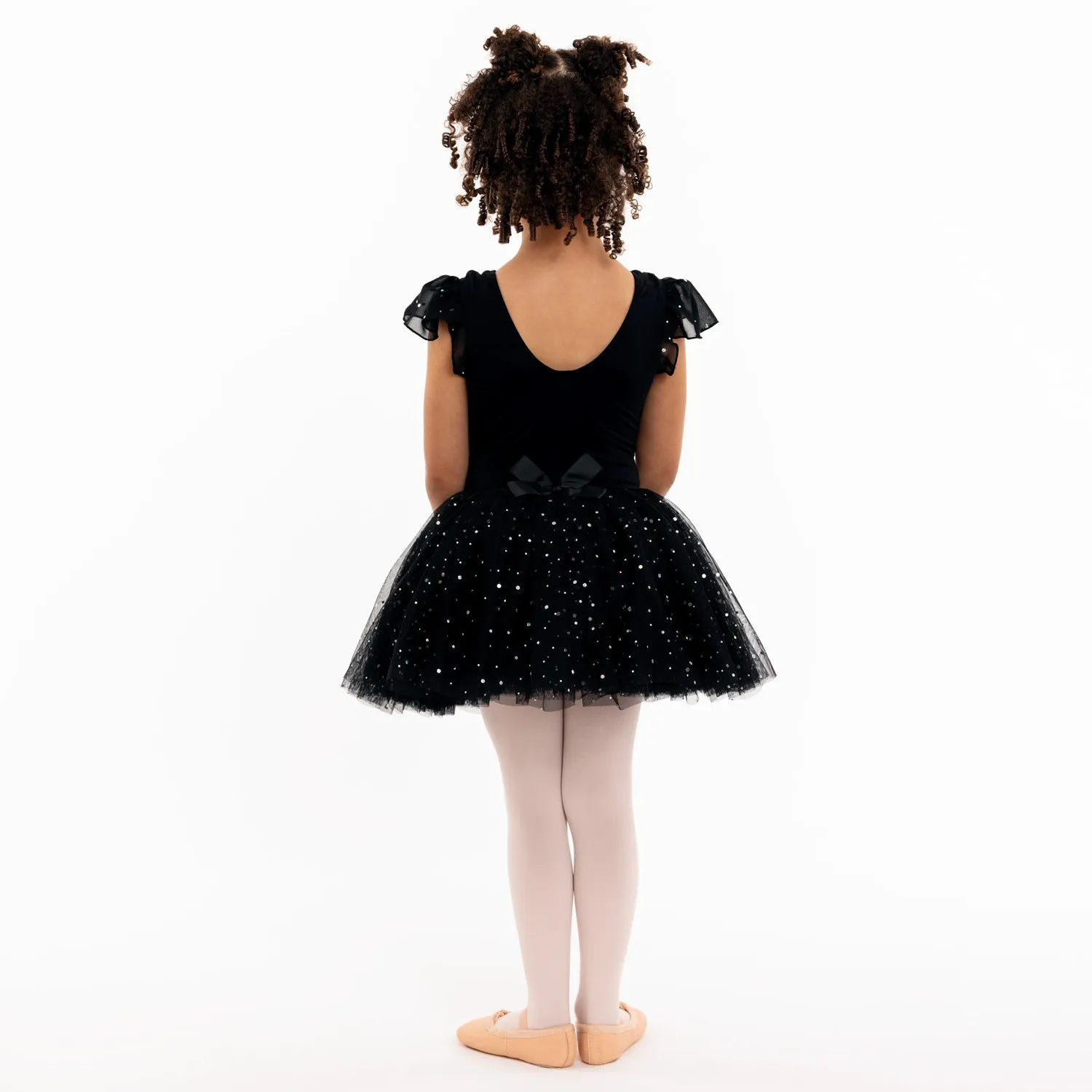 Misty: Sequin Flutter Sleeve Tutu Dress in Black