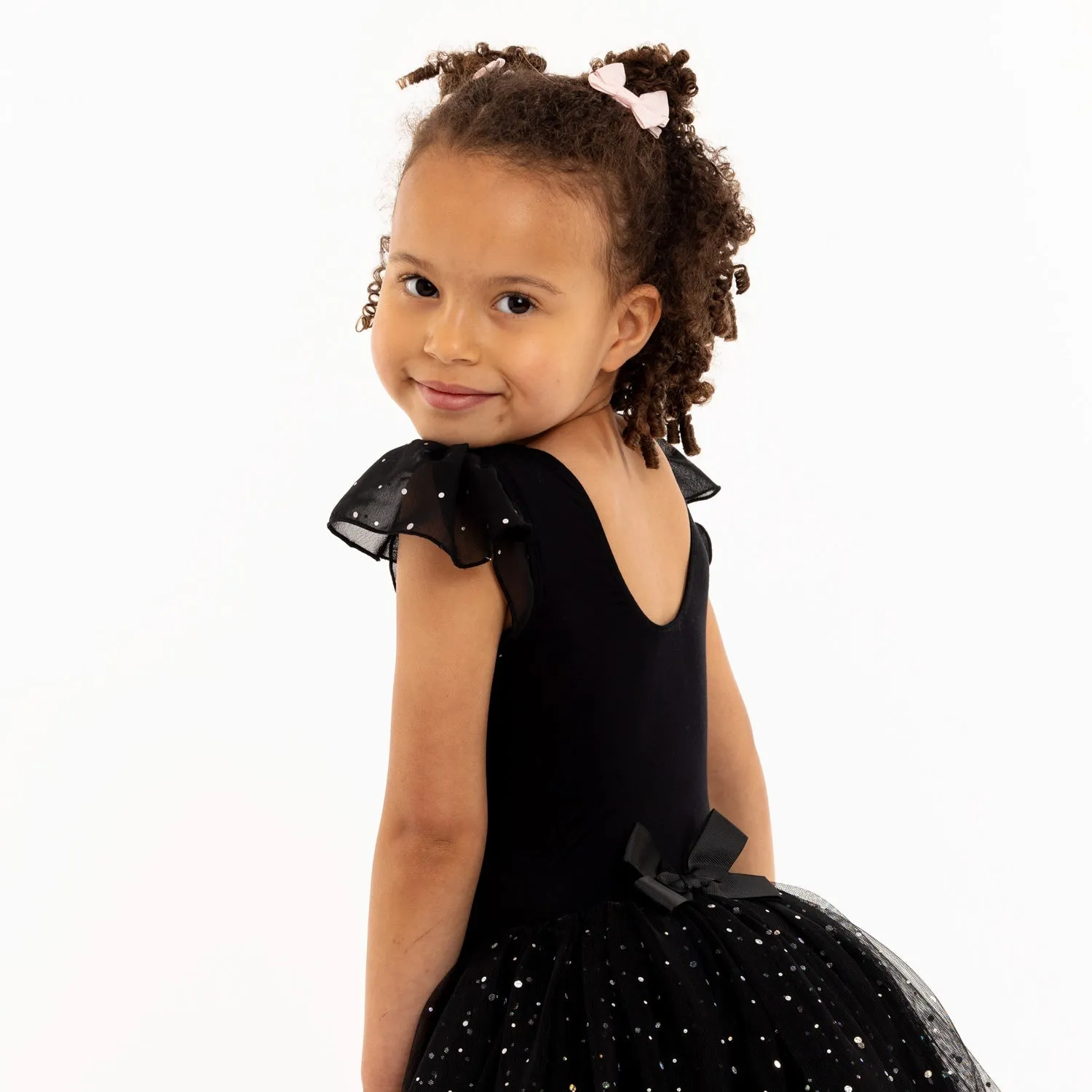 Misty: Sequin Flutter Sleeve Tutu Dress in Black