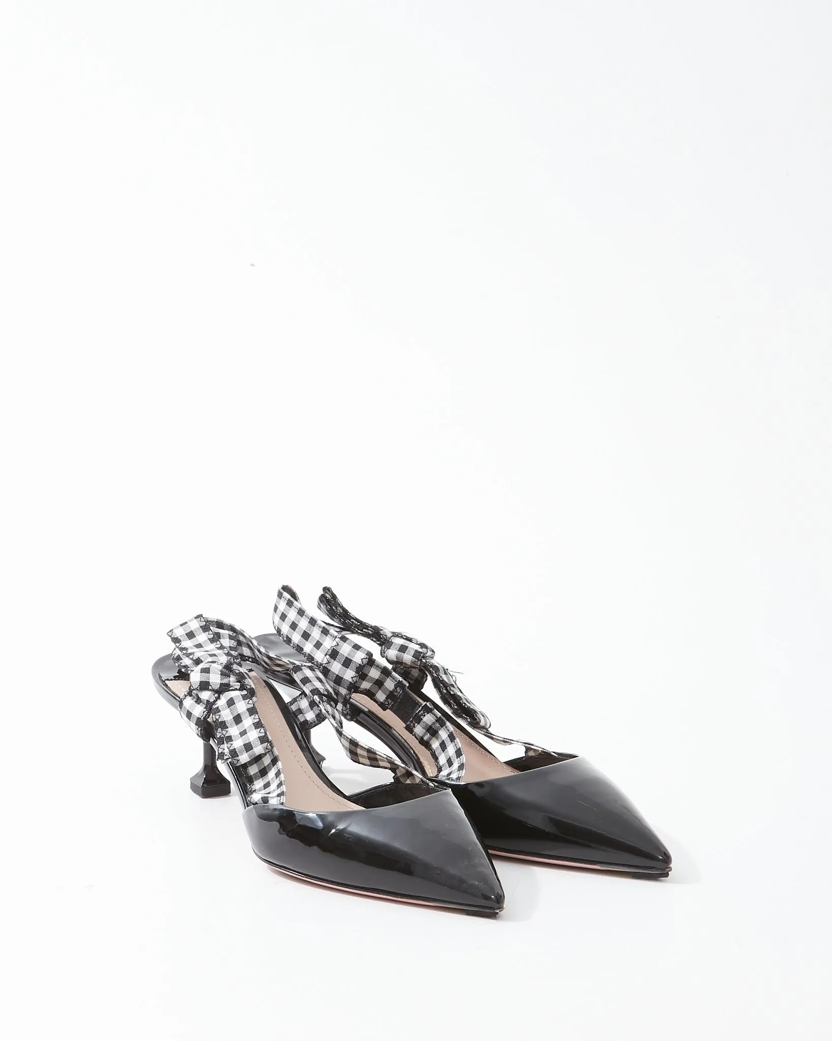 Miu Miu Black Patent Point Toe Plaid Bow SlingBack Kitten Heel - 39
