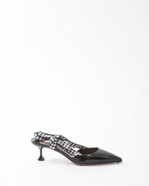 Miu Miu Black Patent Point Toe Plaid Bow SlingBack Kitten Heel - 39