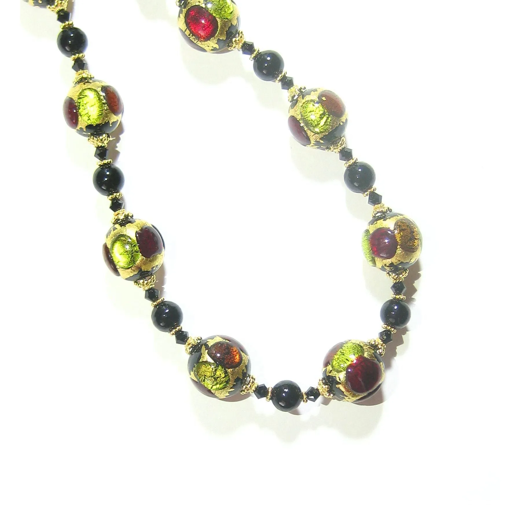 Murano Glass Colorful Black Ball Chunky Gold Necklace