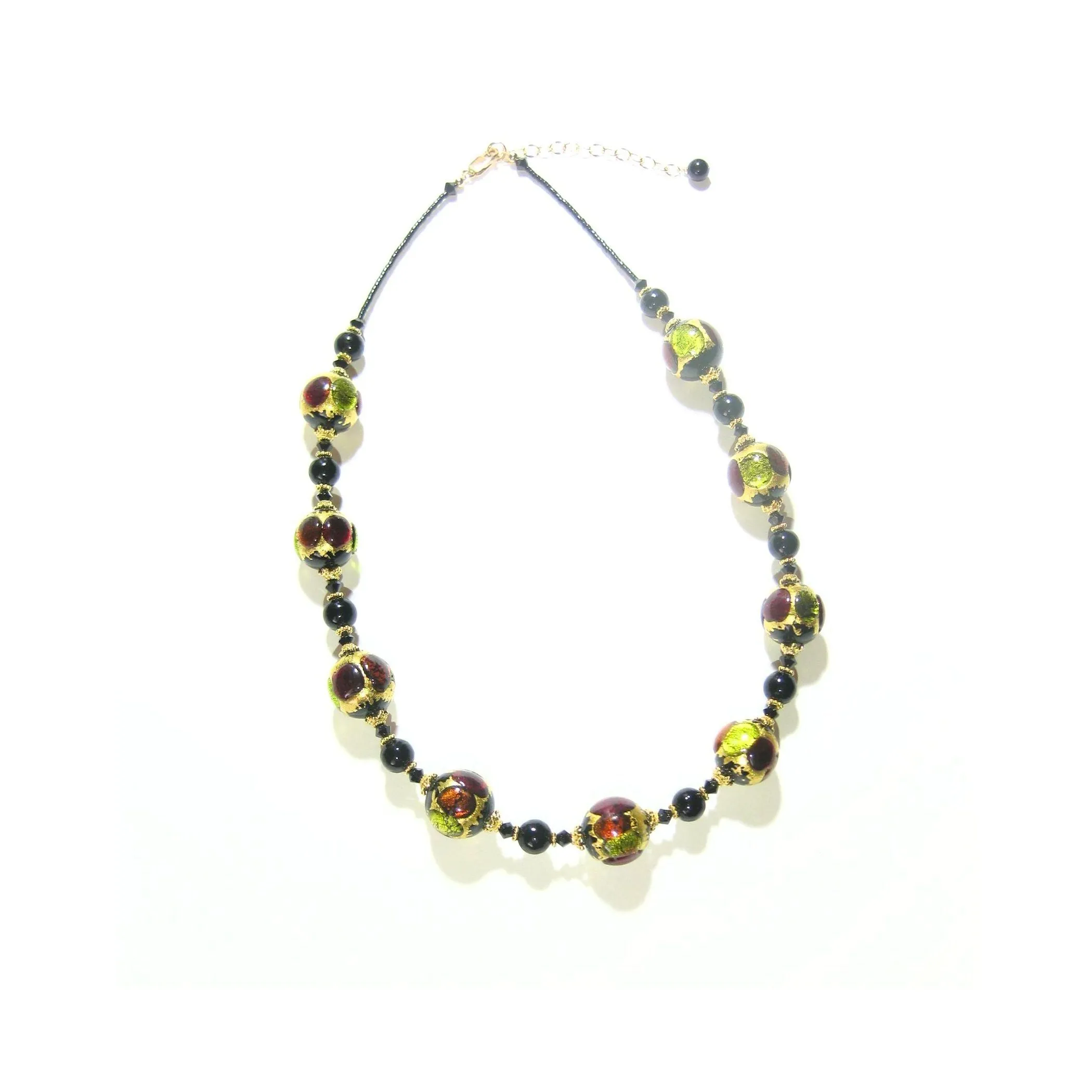 Murano Glass Colorful Black Ball Chunky Gold Necklace