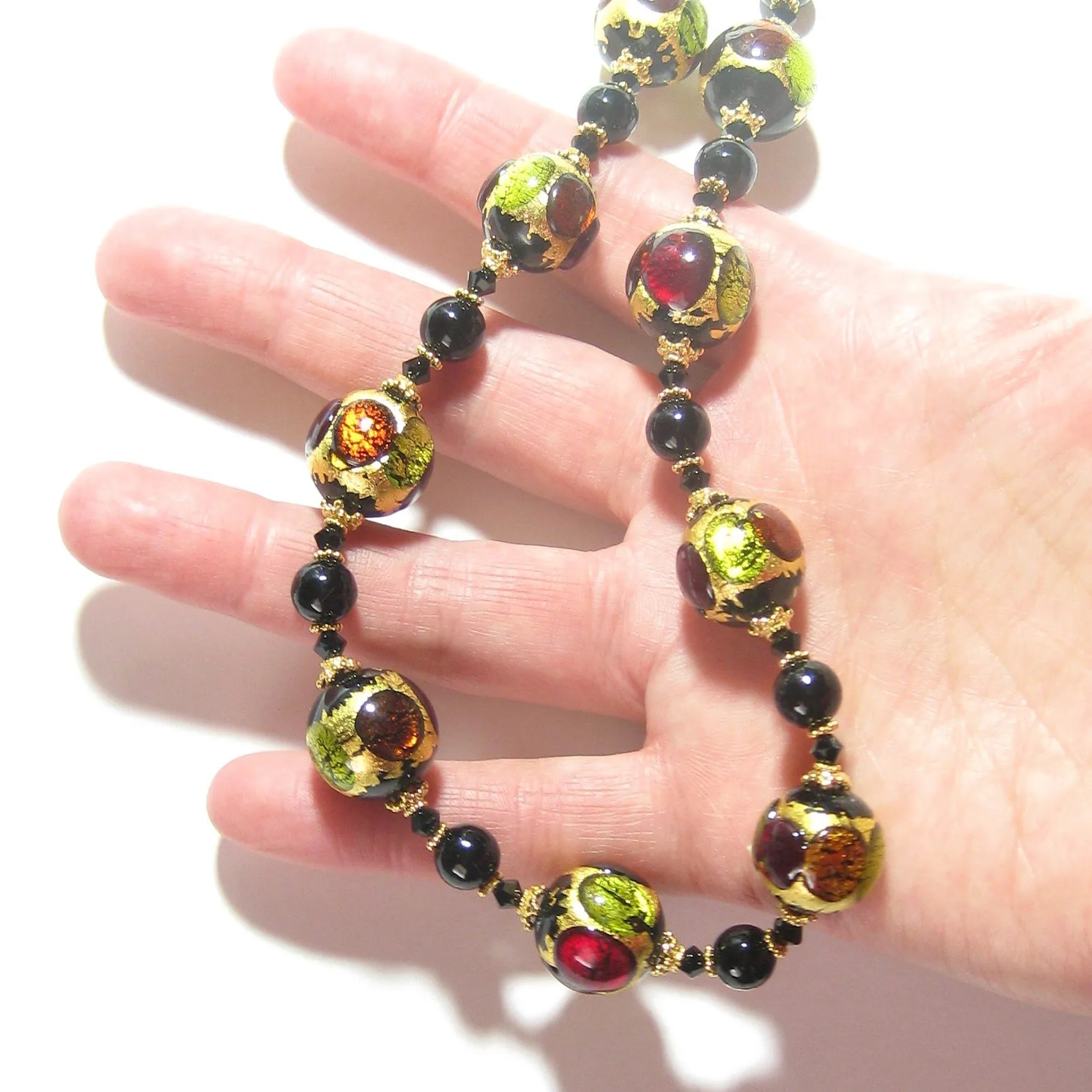 Murano Glass Colorful Black Ball Chunky Gold Necklace