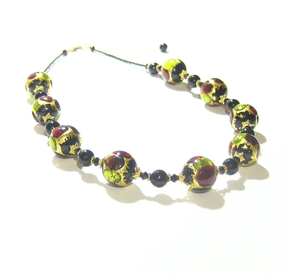 Murano Glass Colorful Black Ball Chunky Gold Necklace