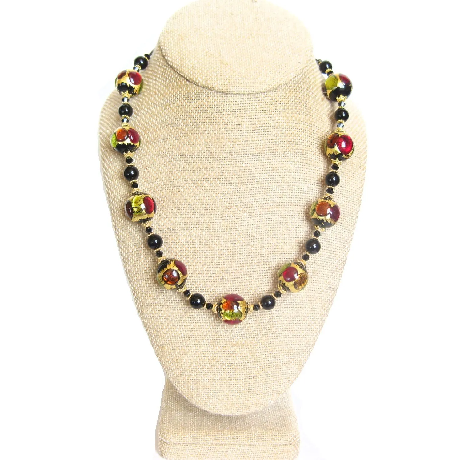 Murano Glass Colorful Black Ball Chunky Gold Necklace