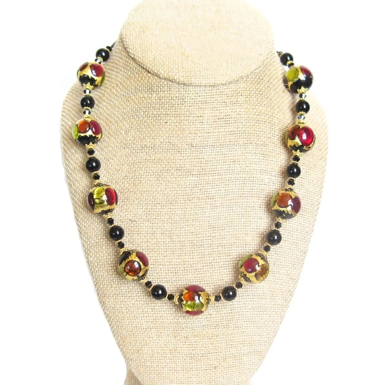 Murano Glass Colorful Black Ball Chunky Gold Necklace