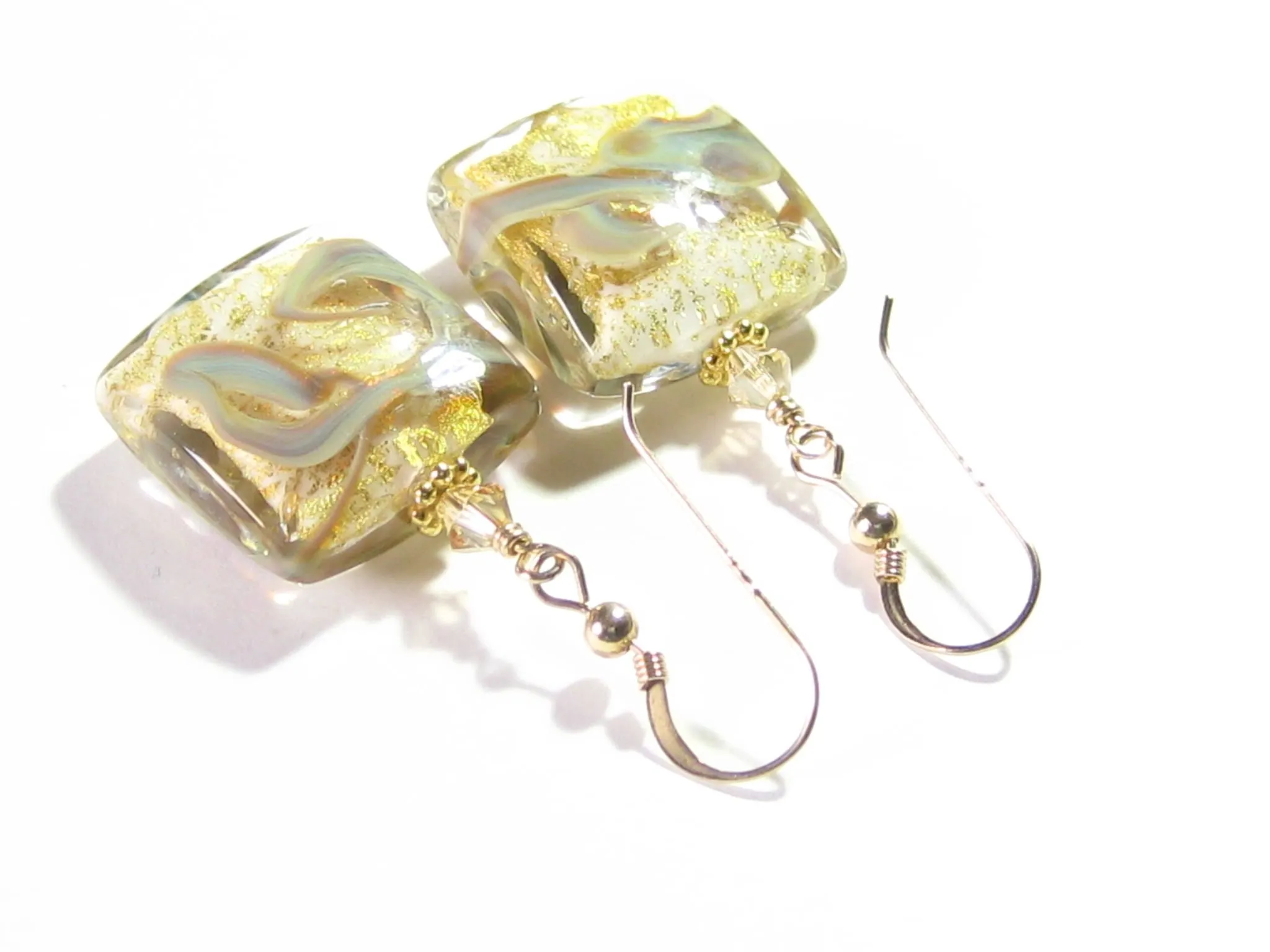 Murano Italian Glass Swirl Gold Earrings - Handmade, 18mm Square Beads, Gold Filled Dangle Earrings