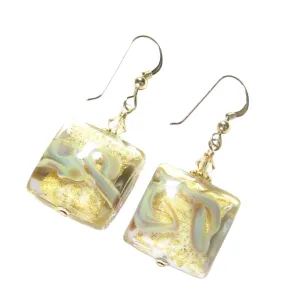 Murano Italian Glass Swirl Gold Earrings - Handmade, 18mm Square Beads, Gold Filled Dangle Earrings