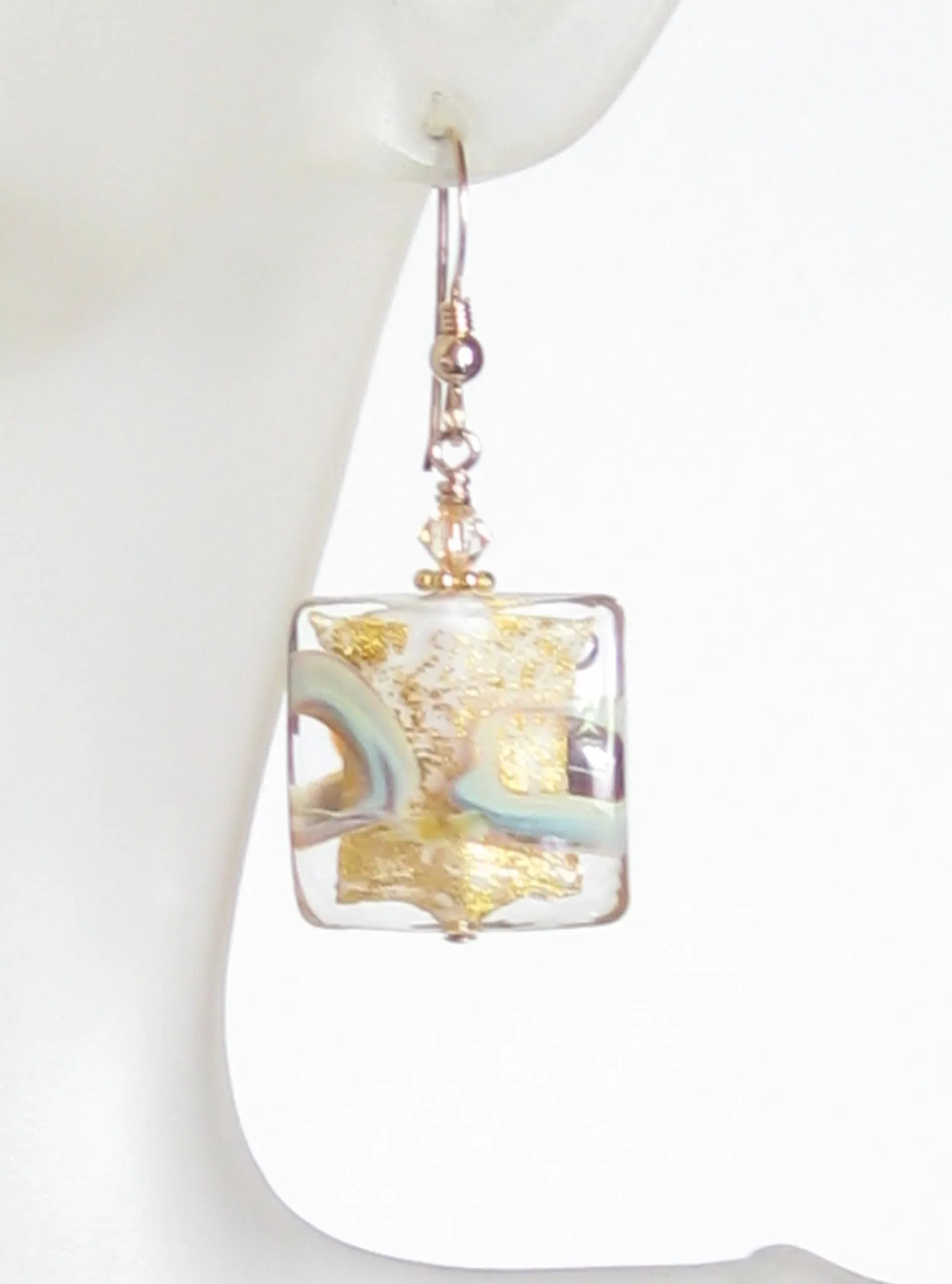 Murano Italian Glass Swirl Gold Earrings - Handmade, 18mm Square Beads, Gold Filled Dangle Earrings