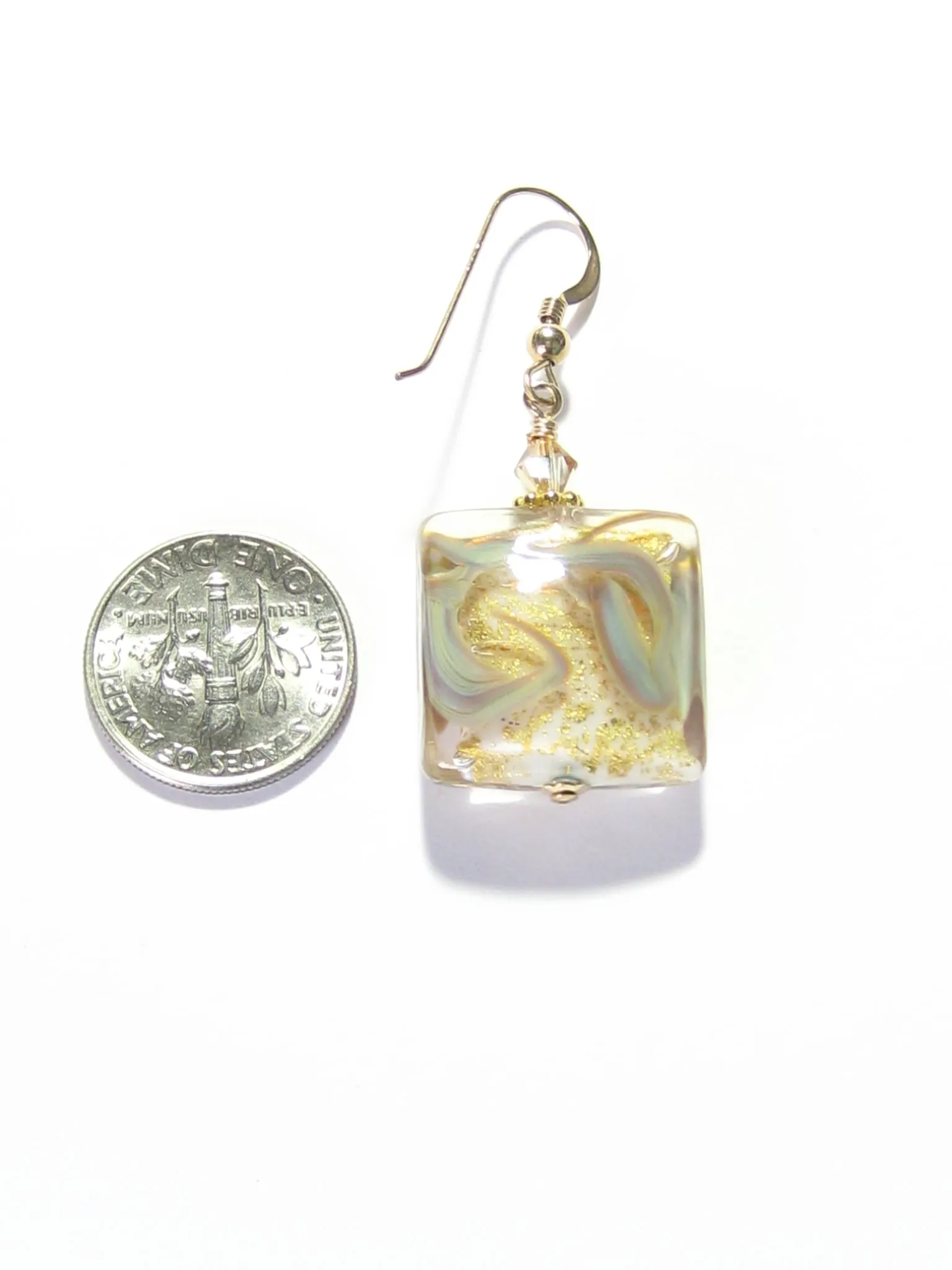 Murano Italian Glass Swirl Gold Earrings - Handmade, 18mm Square Beads, Gold Filled Dangle Earrings