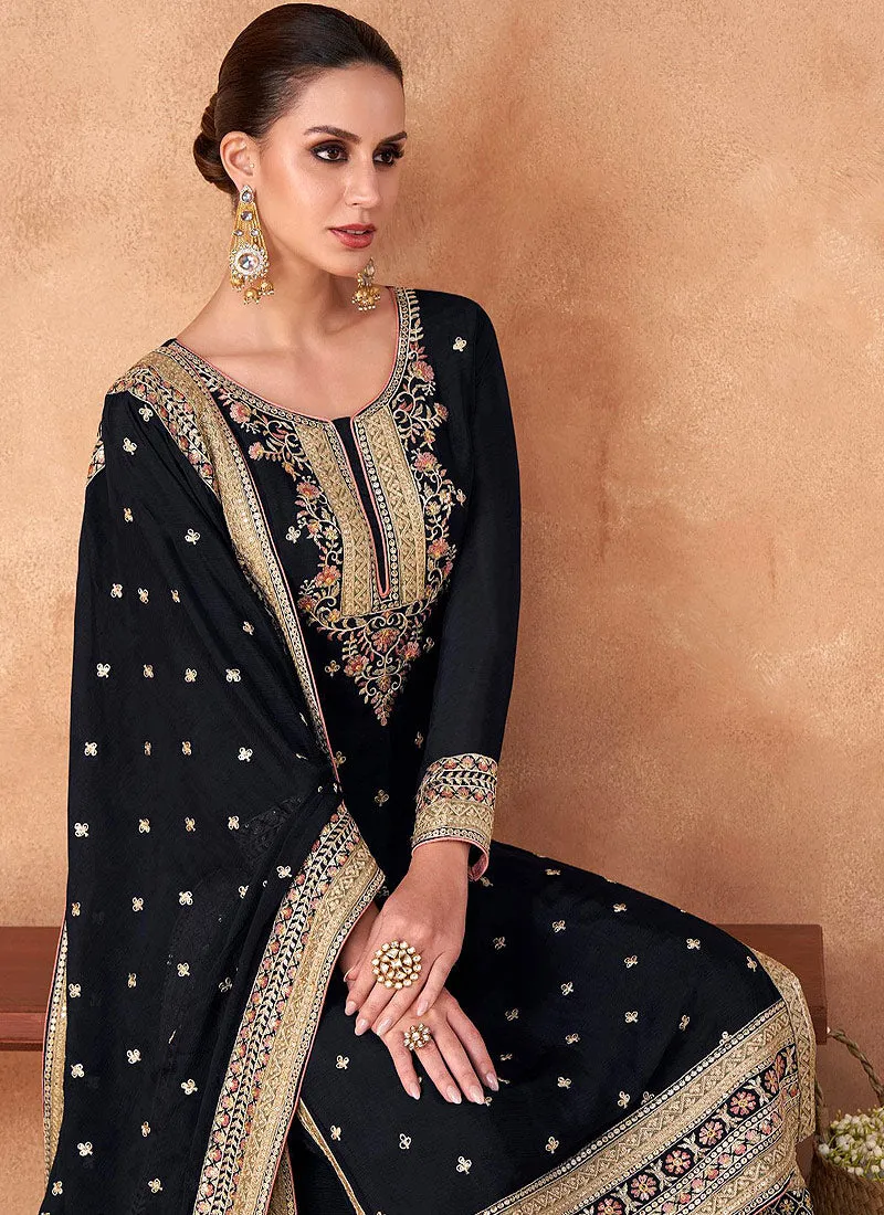 Navy Blue Multi Embroidery Traditional Palazzo Suit