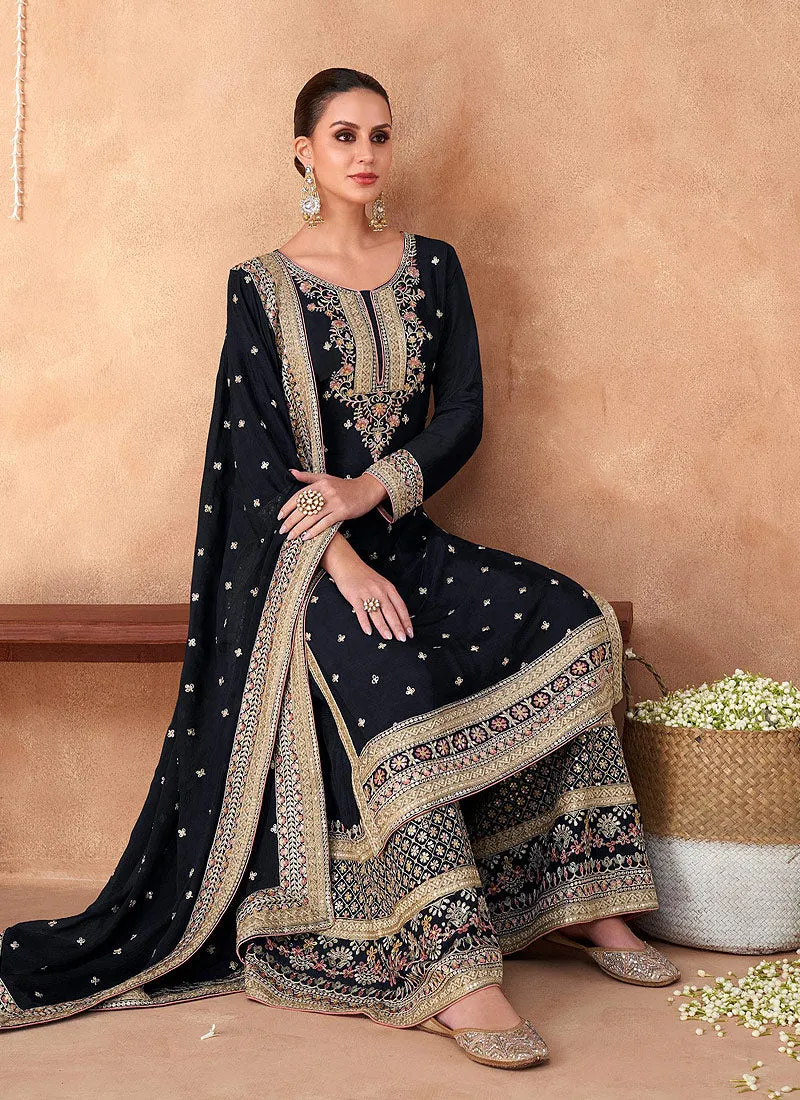 Navy Blue Multi Embroidery Traditional Palazzo Suit